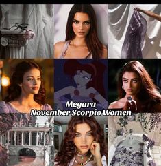 several pictures of women in different styles and sizes, with the caption megara november scorpio women