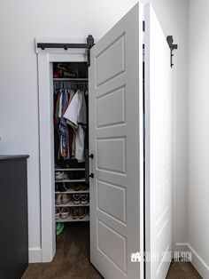 an open closet door with shoes and other items in the closet behind it on carpeted flooring