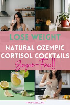 Four images showing two cortisol cocktails for weight loss and two women preparing them as natural Ozempic alternatives. Natural Cortisol Reducer, Ozempic Drink Recipe, Reduce Cortisol Naturally, Cortisol Belly How To Get Rid, Natural Ozempic Cortisol Cocktail, Cortisol Drink, Cortisol Reduction Diet, Natural Ozempic, Cortisol Cocktail