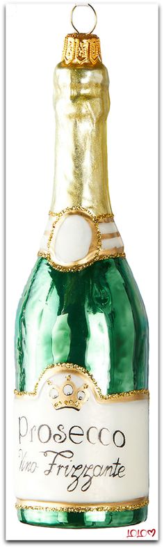 a green and white bottle with gold trimmings on the top that says proseco