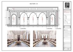 an architectural drawing shows the interior and exterior of a building with arches, windows, and columns