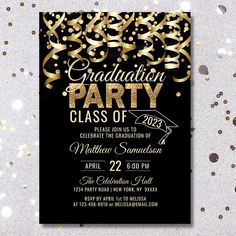 graduation party flyer with gold confetti and streamers on black paper, surrounded by confetti