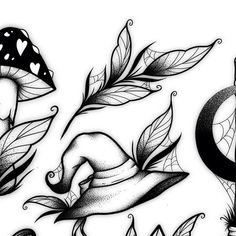 some tattoos with different designs on them, including mushrooms and leaves in the shape of letters