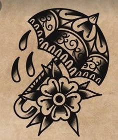 a tattoo design with an umbrella and flowers on it