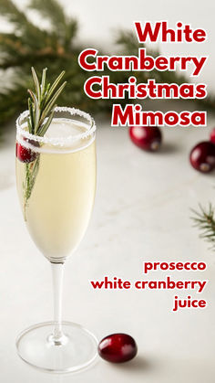 White Cranberry Christmas Mimosa Champagne With Cranberries, Christmas Themed Mimosa, Cranberry Mimosa Champagne, White Cranberry Christmas Cocktail, White Cranberry Mimosa, Drinks With White Cranberry Juice, White Wine Cranberry Sangria, Christmas Mimosas Recipe, Cranberry And Rosemary Cocktail