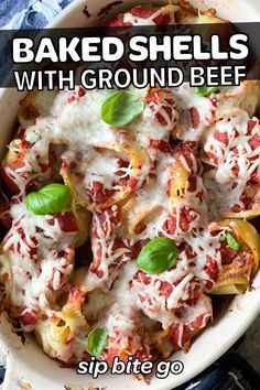 baked shells with ground beef in a casserole dish