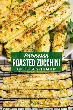 grilled zucchini with parmesan and basil on the side, next to a plate full of cooked zucchini