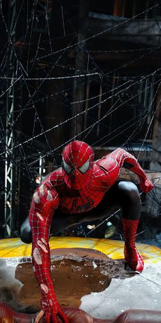 a spider man is standing in front of a web - covered structure with his hands on the ground