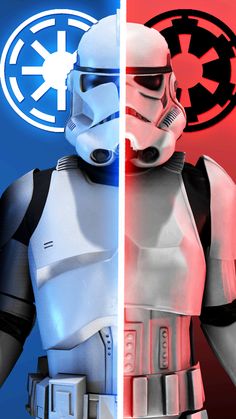 two star wars characters are standing side by side in front of red and blue background