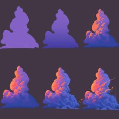 the silhouettes of different shapes and sizes of clouds are shown in purple and pink