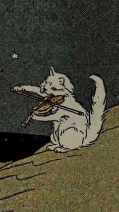 an image of a cat that is playing the violin on top of a hill with stars in the sky