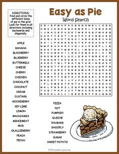 the easy as pie word search is shown in this printable activity sheet for kids