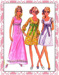 "EMPIRE-WAIST DRESS-THREE STYLES-SEWING PATTERN McCall's No.9686 Copyright © 1969 (OOP)-Out of Print- Rare Sweet & Chic Empire Waist Dress...Mini Dress with Long or Short Puff Sleeves...Long Evening Dress...Finished with A Bow DESCRIPTION: BABY DOLL DRESS-TOP-SEWING PATTERN: Pullover dress or top with puffed sleeves, collar and tie belt included in side seams has buttoned front yoke. Dress A has rick rack trim. Top B with ruffling has short sleeves with tuck at lower edge. SIZE: 13/14 Correspond Dresses 60s, Mccalls Sewing Patterns, Top Sewing Pattern, Empire Waist Dress, Mod Fashion, Fashion Sewing Pattern, 1960s Fashion, Moda Vintage, Fashion Images