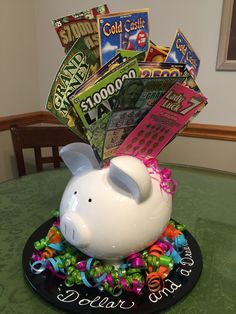 Lottery Tickets in Piggy Bank for Auction Fundraiser Display Silent Auction Gift Basket Ideas, Raffle Gift Basket Ideas, Lottery Ticket Gift, Silent Auction Basket, Chinese Auction, Silent Auction Baskets, Auction Basket