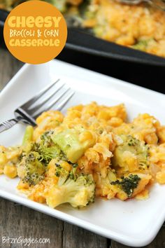 cheesy broccoli and corn casserole on a white plate