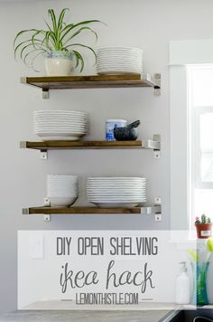 the kitchen shelves are filled with dishes and plants