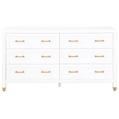 a white dresser with gold handles and drawers on the bottom drawer, against a white background