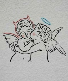 a drawing of an angel hugging a child