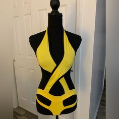 Espiral Lingerie One Piece- New Without Tag- S Can Be Worn As A Bathing Suit. Ties In The Back- New Without Tags Stretch Yellow Triangle Top Intimate, Navy Swimsuit, Black And White Swimsuit, Plunging One Piece Swimsuit, Vintage Swimsuits, Compression Pants, Swimsuits Halter, Womens Bathing Suits, Polka Dot Dress