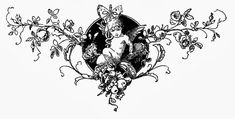 an ink drawing of a cupid surrounded by flowers