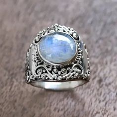 Rainbow Moonstone Cocktail Ring from Bali - Nighttime Garden | NOVICA