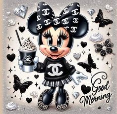 minnie mouse holding a cup of coffee and wearing a black dress with hearts on it