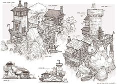 several sketches of houses and buildings in different stages of construction, with trees on the other side