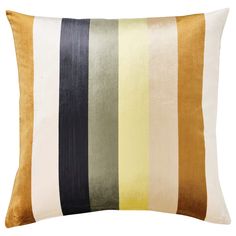 a yellow and black striped pillow on a white background with the colors of the rainbow