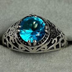 Art Deco Style * Sterling Silver * 8mm * Lead N Nickel Free * Rhodium Plated * Color May Vary Silver Topaz Round Birthstone Ring, Silver Topaz Birthstone Ring In Round Shape, Blue Solitaire Topaz Ring With Round Stone, Round Turquoise Topaz Jewelry, Turquoise Round Topaz Jewelry, Turquoise Topaz Round Jewelry, Silver Blue Topaz Ring With Accent Stones, Turquoise Topaz Round Ring, Silver Blue Topaz Ring With Round Stone