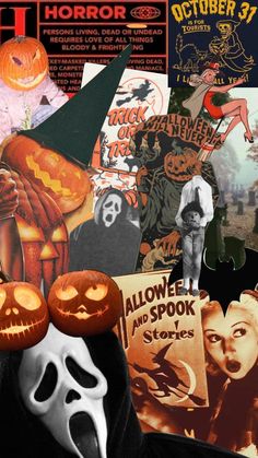 a collage of halloween related items including pumpkins, posters and ghost faces are featured in this image