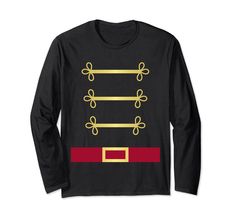 a black long sleeved shirt with gold trimmings and a red belt on the chest