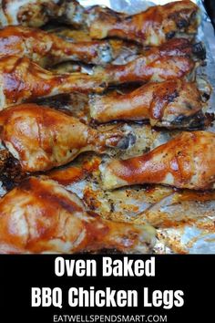 oven baked bbq chicken legs with text overlay