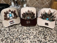 Feathered Trucker Hat, Decorated Trucker Hat, Western, Turquoise, Concho, Rodeo Hat, Country Concert, Cowgirl Hat, Trendy, Cute, Gift Idea - Etsy Adjustable Hats For Western-themed Events, Adjustable Cap For Western-themed Events, Brown Trucker Hat For Western-themed Events, Brown Curved Brim Trucker Hat For Country Events, Brown Trucker Hat With Curved Brim For Country Events, Brown Trucker Hat For Country Events, Handmade Cap For Rodeo, Country Style Snapback Trucker Hat For Western Events, Country Style Trucker Hat For Western-themed Events