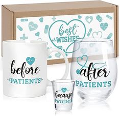 two coffee mugs in front of a box with the words before patients on it