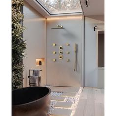 a bathroom with a skylight above the bathtub and shower head on the wall