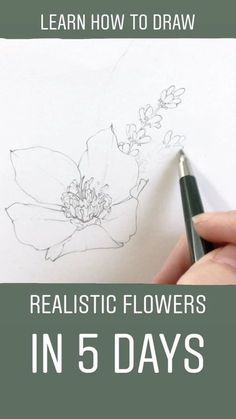 someone drawing a flower with the text learn how to draw realistic flowers in 5 days