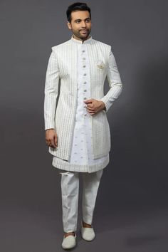 Off White Gorgeous Silk Fabric Wedding Wear Readymade Indo Western For Indo Western Outfits For Men Latest, Indo Western Outfits For Men, Engagement Dress For Groom, Indo Western For Men, Indo Western Sherwani, Groom Sherwani, Sherwani For Men Wedding, Wedding Kurta, Wedding Kurta For Men