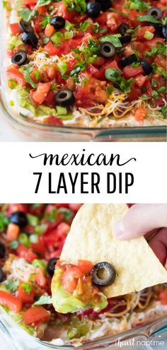 mexican layer dip with tortilla chips and black olives is an easy appetizer