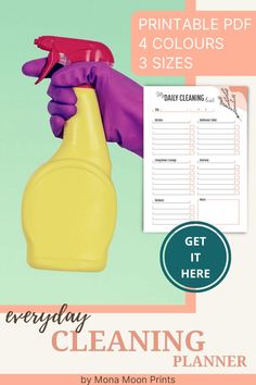 a hand holding a yellow spray bottle with the words, everyday cleaning printables