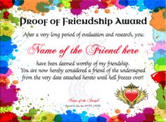 an award certificate with colorful paint splatters and hearts in the center on a white background