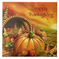 a thanksgiving card with pumpkins and cornucts on it, saying good morning happy thanksgiving