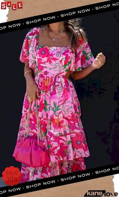 It's All Special Floral Cutout Waist Tiered Midi Dress Pink Midi Dress With Square Neck For Vacation, Summer Garden Party Dress With Cutout Details, Summer Garden Party Dresses With Cutout, Multicolor Cutout Dresses For Summer, Multicolor Cutout Summer Dresses, Summer Multicolor Cutout Dresses, Summer Midi Dress With Cutout And Short Sleeves, Pink Cutout Midi Dress For Spring, Spring Pink Cutout Midi Dress