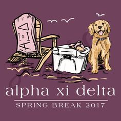 a dog sitting in front of a chair next to a trash can with the words,'alpha xi delta spring break 2017'written on it