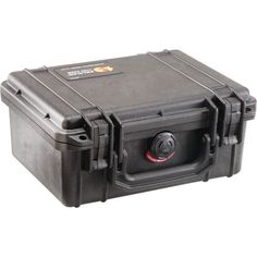 a large black case is shown with the lid open and latches on it's sides