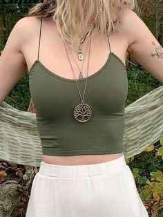 Fairy Grunge Crop Cami Top Solid Padded Crop Cami Top - AnotherChill Crop Cami Top Outfit, Green Tops Aesthetic, Dark Green Crop Top Outfits, Summer Outfits Grunge Indie, Green Top Outfit Aesthetic, Green Tank Top Outfit, Green Crop Top Outfit, Summer Dump, Closet Aesthetic