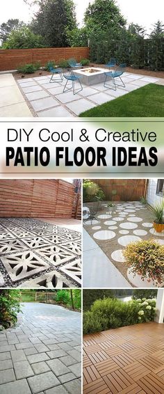 a collage of photos showing different types of patio flooring and landscaping designs with text overlay that reads diy cool & creative patio floor ideas