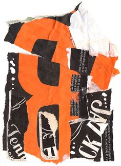 an orange and black torn piece of paper with the letter b on it's side