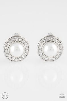 Paparazzi Accessories Clip-On: A ring of glassy white rhinestones spins around a white pearl-drop center for a timeless look. Earring attaches to a standard clip-on fitting. Sold as one pair of clip-on earrings. Jewelry Post, Rose Quartz Stone, Paparazzi Accessories, Blue Gems, White Rhinestone, Inspired Jewelry, Paparazzi Jewelry, White Earrings, Earrings Collection