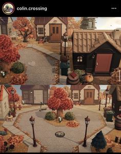 an animated city with lots of houses and trees in the fall, along with autumn foliage