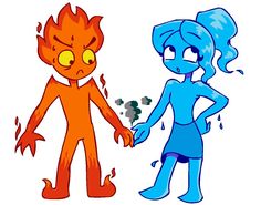 an orange and blue cartoon character holding hands with a girl in front of them, both looking at each other